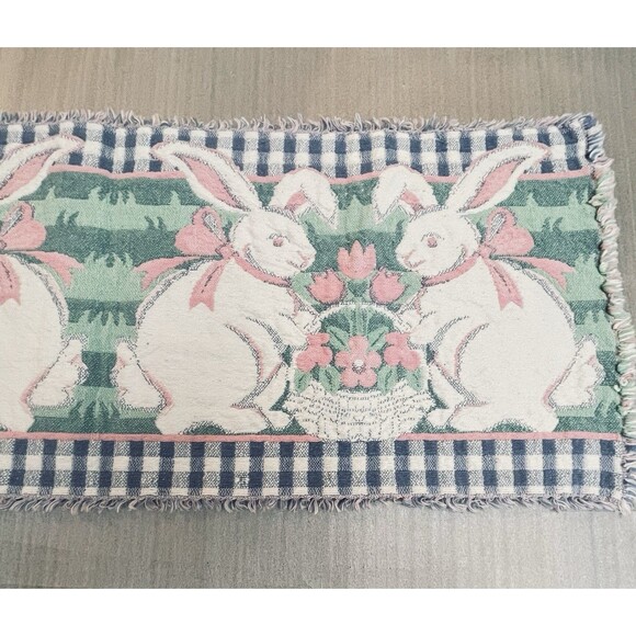 VTG Easter Woven Placemats & Runner Set Tulips Bunny Fringe Lot of 5 - Picture 11 of 12